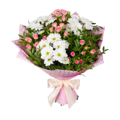 Букет «Волшебный сад» – гармония кустовых роз и белоснежных хризантем Альметьевск Республика Татарстан