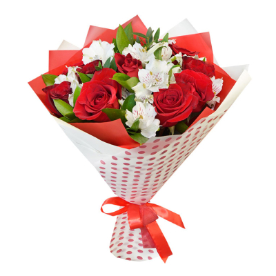 Букет из красных роз и белоснежных альстромерий – гармония страсти и нежности Альметьевск Республика Татарстан
