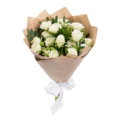 Изысканный букет из 5 белых кустовых роз с фисташковой зеленью Альметьевск Республика Татарстан