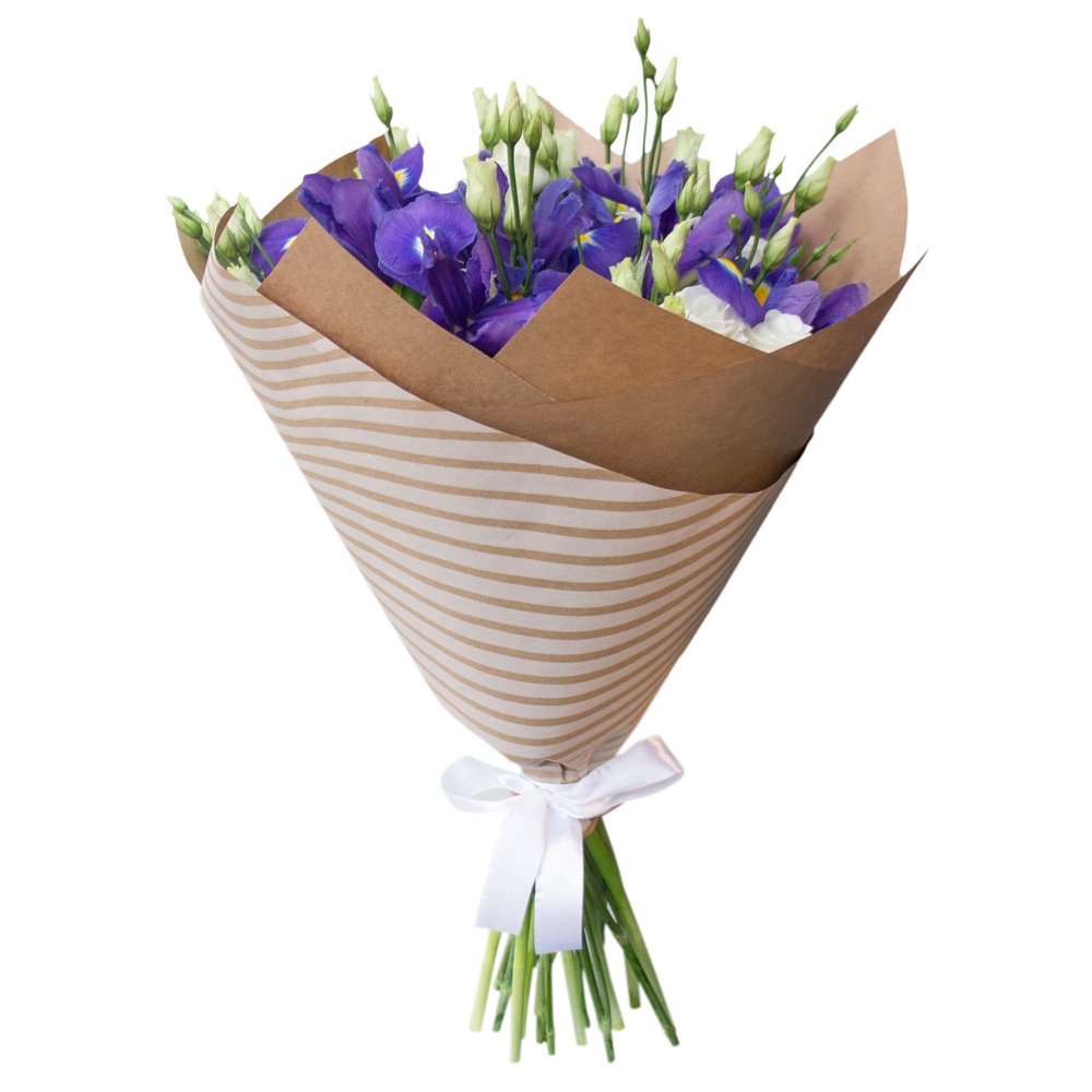 Изысканный букет из синих ирисов и белых эустом – гармония утонченности Альметьевск Республика Татарстан