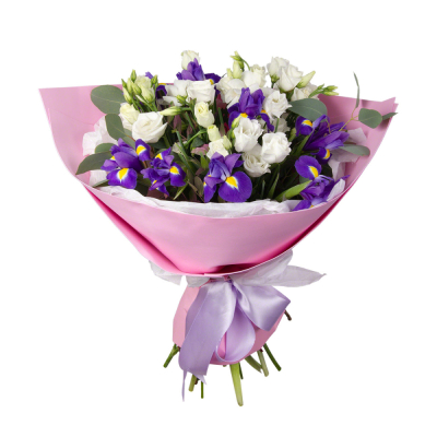 Букет «Подарок» – элегантная композиция из ирисов, эустом и эвкалипта Альметьевск Республика Татарстан