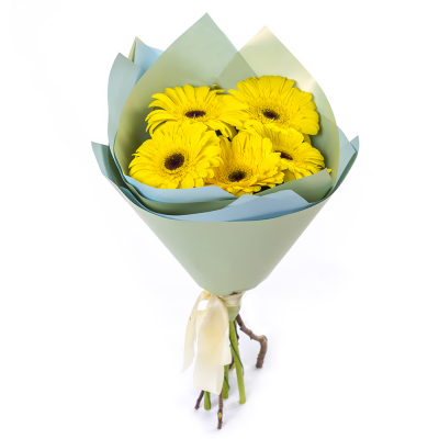 Яркий букет из 5 жёлтых гербер – как кусочек солнца в ваших руках Альметьевск Республика Татарстан