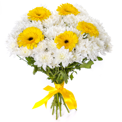 Солнечный букет из желтых гербер и белых хризантем – радость в каждом лепестке Альметьевск Республика Татарстан