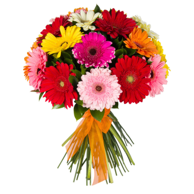 Букет «Мамба» – взрыв красок из оранжевых, лиловых и розовых гербер Альметьевск Республика Татарстан