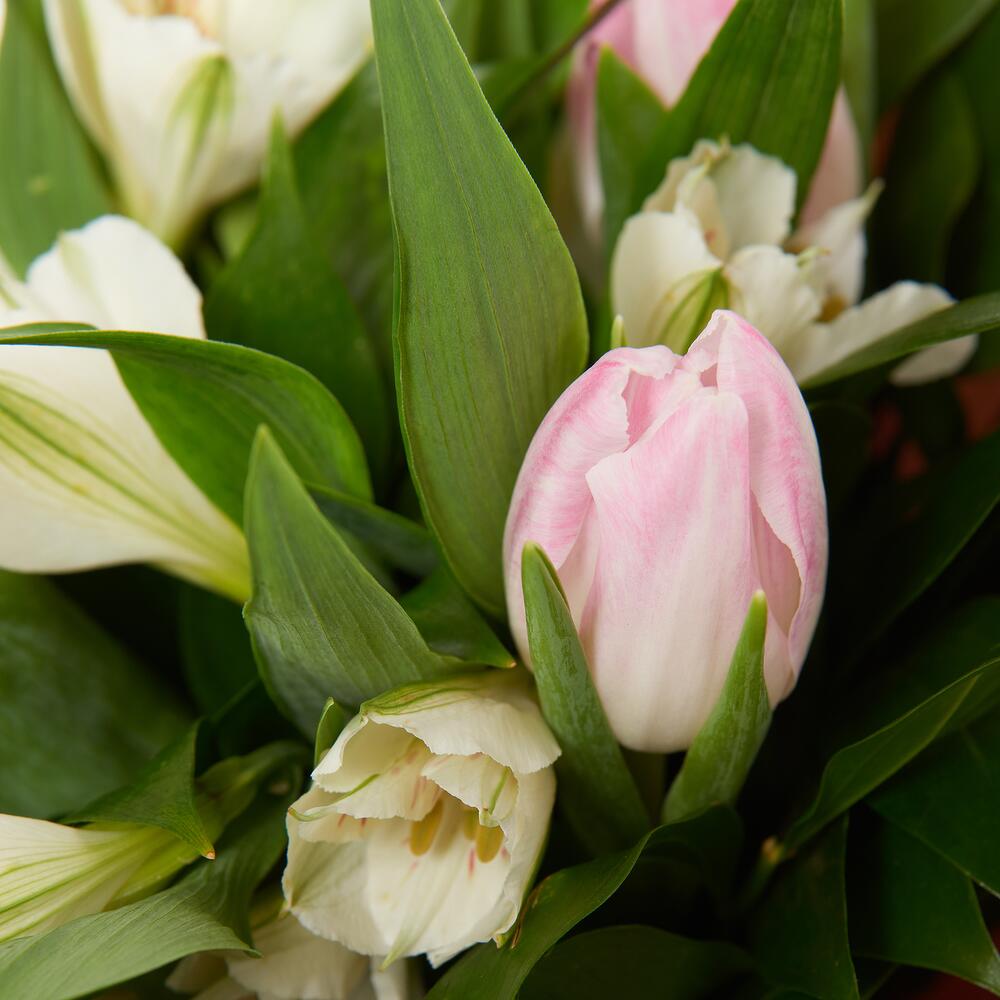 Букет «Первое свидание» розовых тюльпанов и белых альстромерий Альметьевск Республика Татарстан