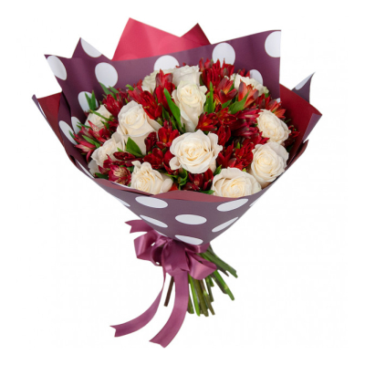 Букет из белых роз и красных альстромерий – гармония страсти и чистоты Альметьевск Республика Татарстан