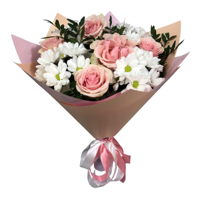 Букет из розовых роз и хризантем – нежность и долговечность Альметьевск Республика Татарстан