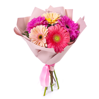Яркий букет из 5 разноцветных гербер – солнечное настроение в подарок Альметьевск Республика Татарстан