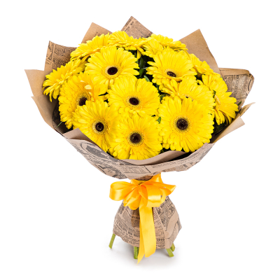 Пышный букет из 15 жёлтых гербер – как луч солнца в ваших руках Альметьевск Республика Татарстан
