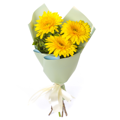 Яркий букет из 3 жёлтых гербер – частичка солнечного света Альметьевск Республика Татарстан